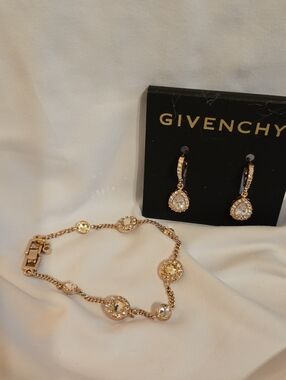 Givenchy Gold Crystal Teardrop Earrings with Matching Station Bracelet